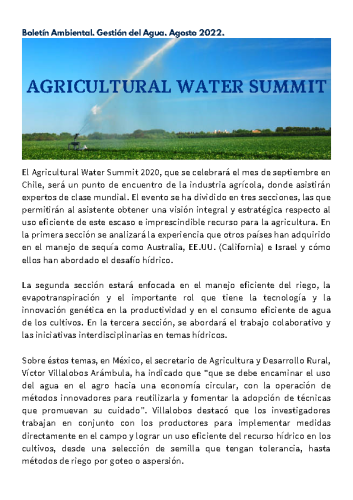 BOLETIN AMBIENTAL DE AGOSTO 2022. GESTIÓN DEL AGUA