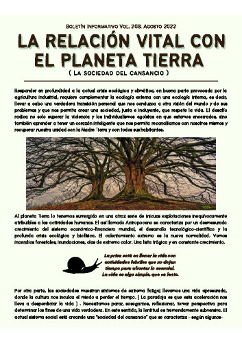 Boletin Agosto #208 – 2022. LA RELACIÓN VITAL CON EL PLANETA TIERRA