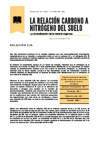 Boletín Agosto #108 La Relación Carbono a Nitrógeno del Suelo