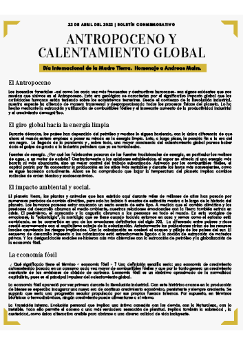 Boletín Conmemorativo. ANTROPOCENO Y CALENTAMIENTO GLOBAL. Día internacional de la Tierra.